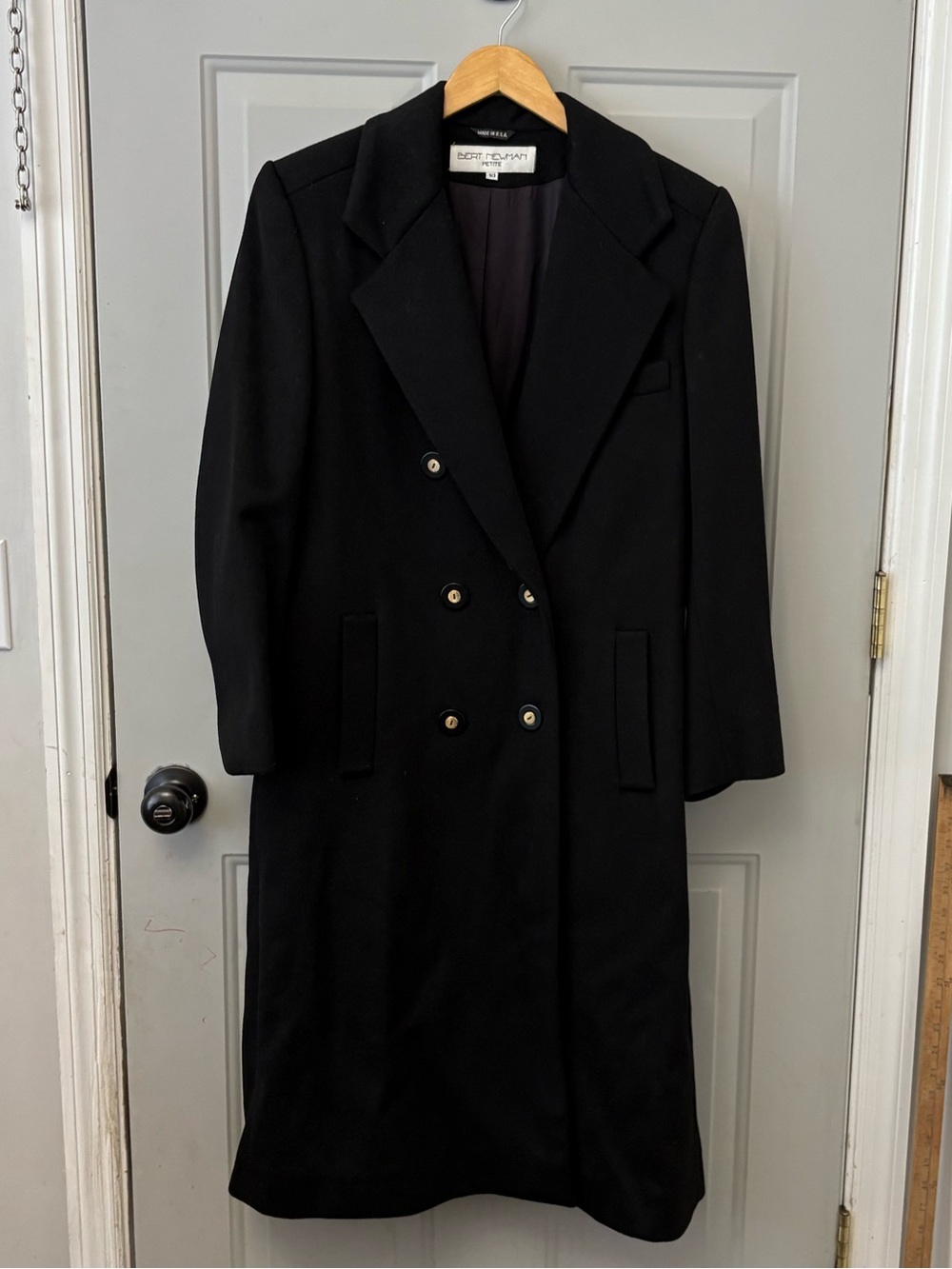 Vintage 100% Wool Double-Breasted Black Pea Coat by Bert Newman